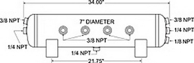 Firestone Air Tank 5 Gallon 7in. x 34in. (6) 3/8in. NPT Ports 150 PSI Max - Black (WR17609242) dimensions diagram
