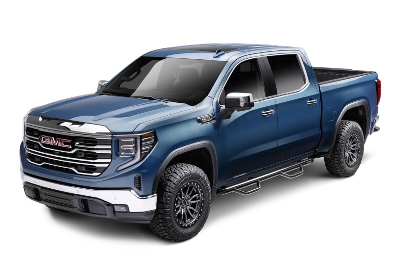 N-Fab Nerf Step 2019 Chevy/GMC 1500 Crew Cab - Cab Length Gloss - Black - 3in on lifted blue truck with offroad wheels.
