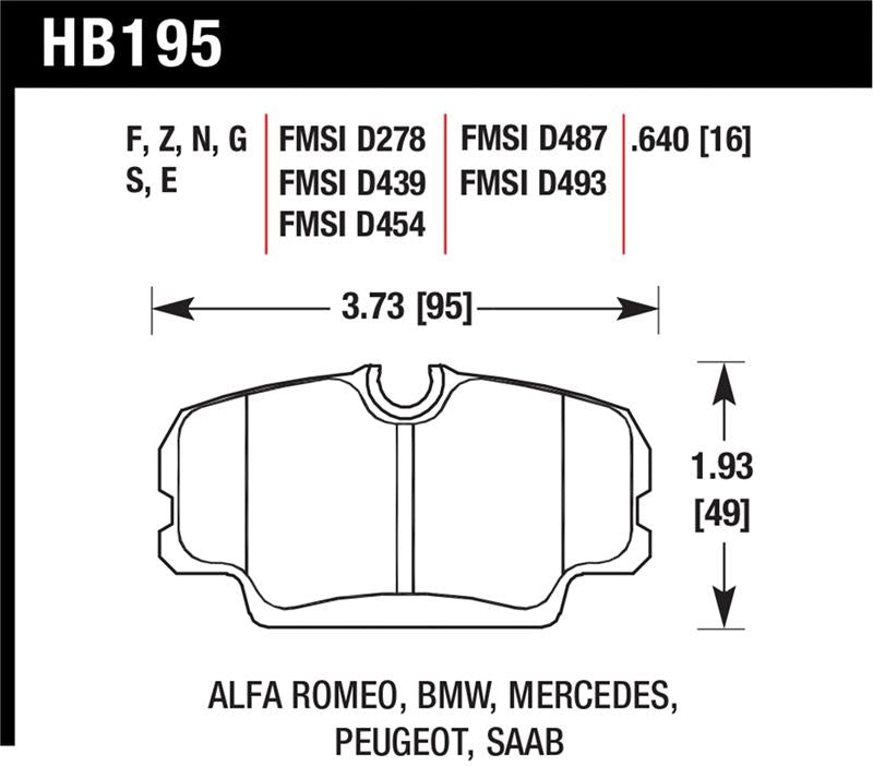 HB195 brake pad dimensions for Alfa Romeo BMW Mercedes Peugeot Saab