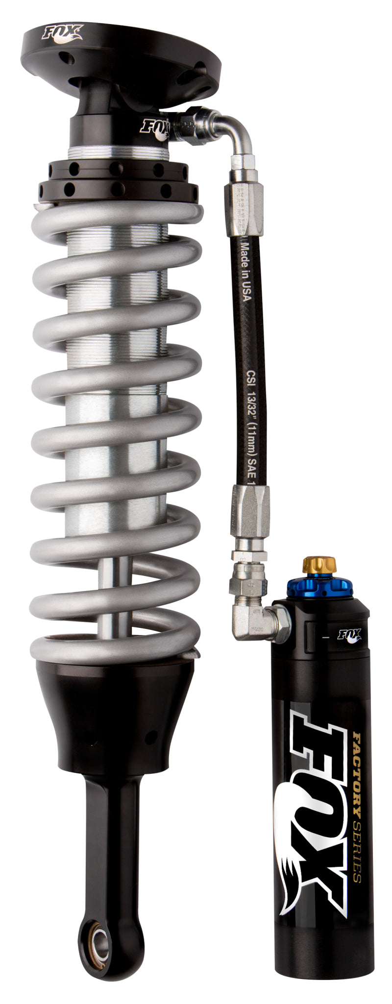 Fox 05+ Tacoma 2.5 Factory Series 7.7in. Remote Res. Coilover Set w/DSC Adj. / Long Travel - Black for offroad performance upgrades.