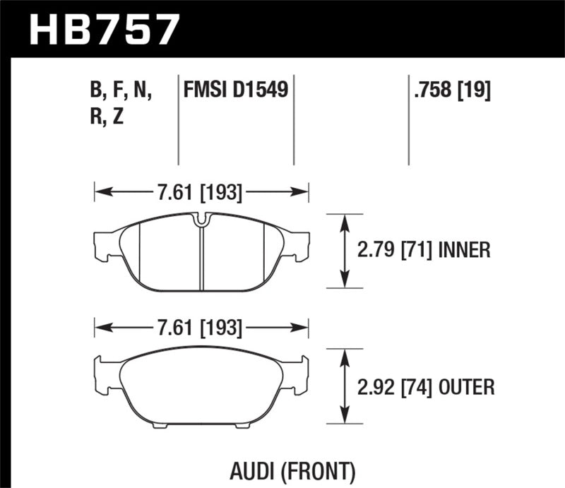 Hawk Audi 2013 A5 Quattro / 12-16 A6 Quattro/A7 Quattro/A8 Quattro HPS 5.0 Front Brake Pads dimensions schematic