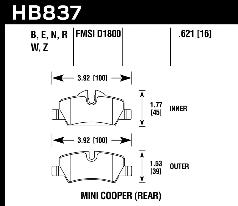 Hawk 14-17 Mini Cooper HPS 5.0 Rear Brake Pads specifications diagram Main image