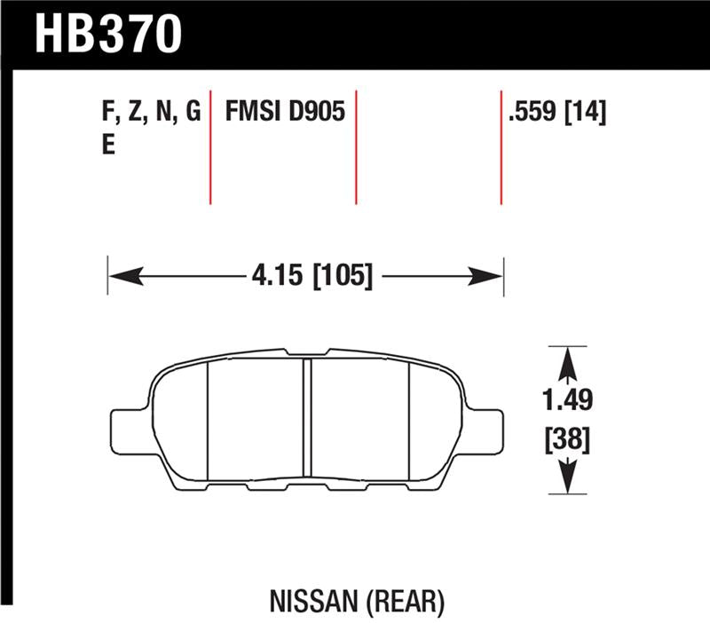 Hawk 03-07 350z / G35 / G35X w/o Brembo HP+ Street Rear Brake Pads dimensions diagram