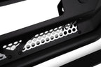 Close-up of DV8 Offroad 21-22 Ford Bronco Competition Series Front Bumper design, showcasing perforated steel features.