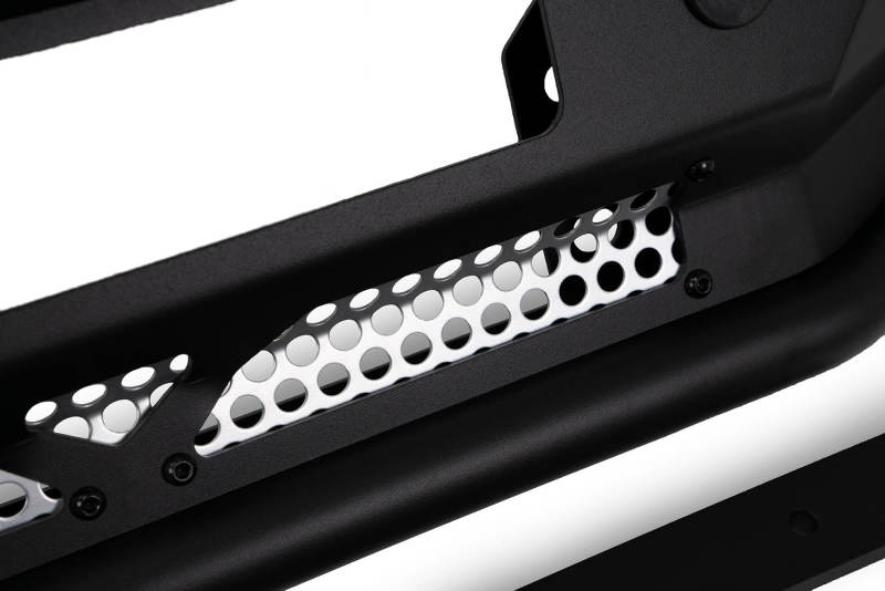 Close-up of DV8 Offroad 21-22 Ford Bronco Competition Series Front Bumper design, showcasing perforated steel features.