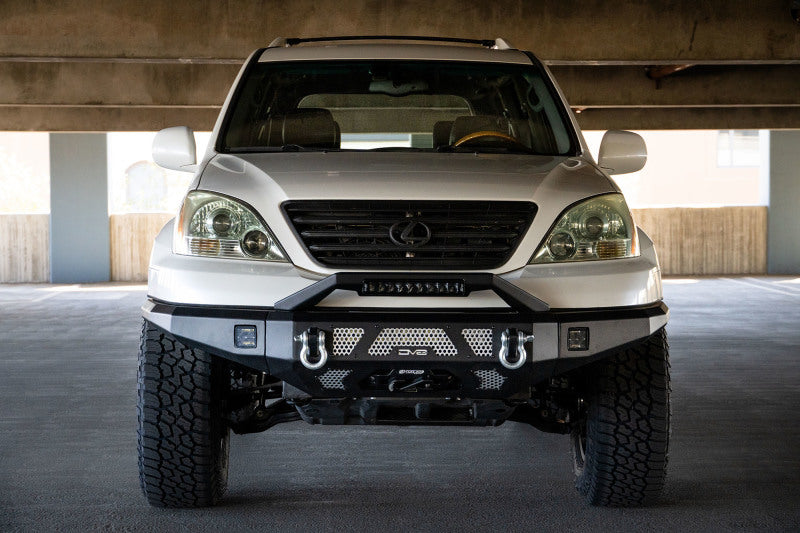 DV8 Offroad 03-09 Lexus GX 470 MTO Series Winch Front Bumper in a parking garage