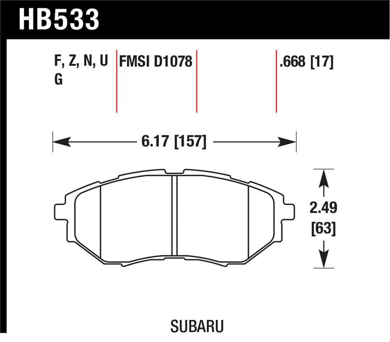 Hawk 2006-2007 Subaru B9 Tribeca Limited HPS 5.0 Front Brake Pads dimensions diagram