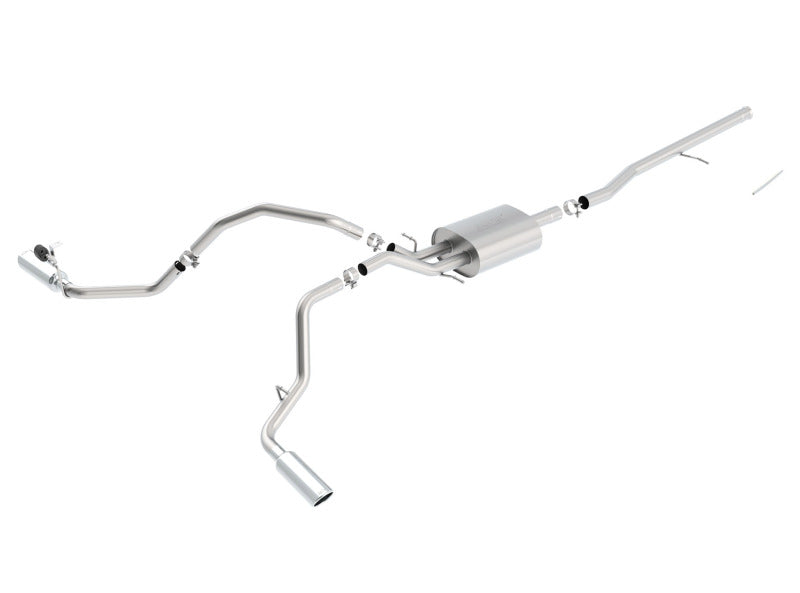Borla 14 Silv/Sierra C/B Exhaust S-Type 1500 5.3L V8 AT/MT 2&4WD Ext Cab Split Side Exit for offroad performance upgrades.