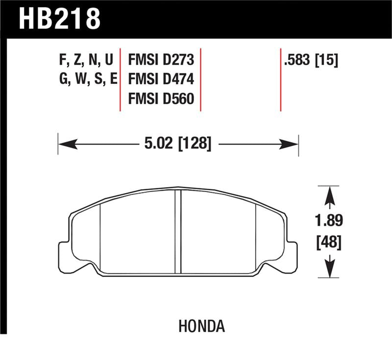 Hawk 88-89 Civic Si / 92-00 Civic CX / 88-00 DX / 98-00 GX HPS Street Front Brake Pads dimensions diagram