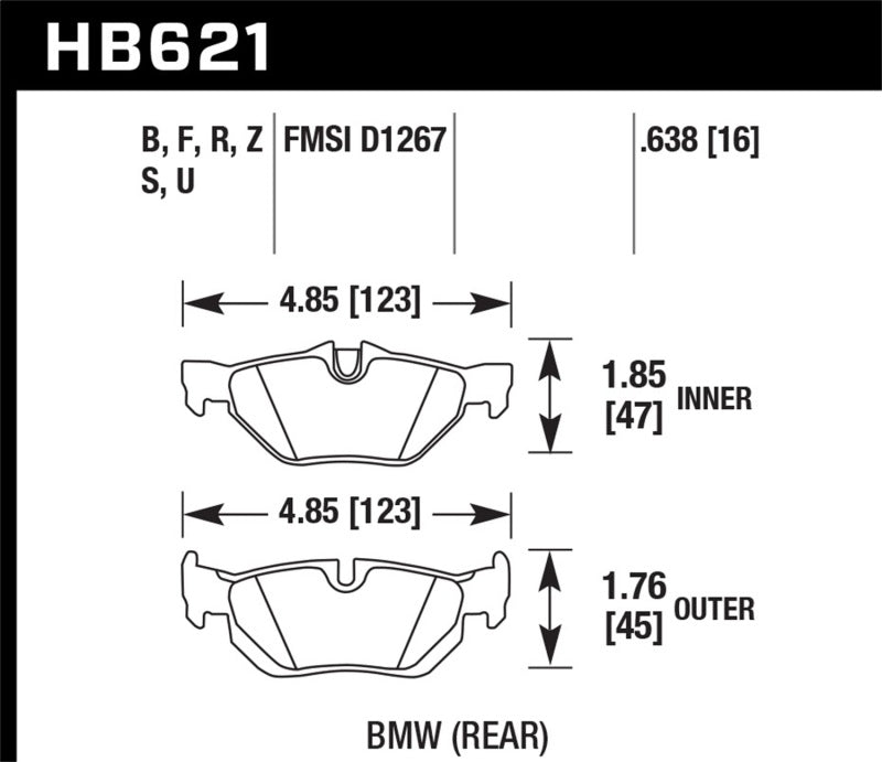 HB621 specifications for Hawk 2011-2011 BMW 125i HPS 5.0 Rear Brake Pads