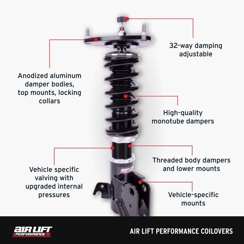 Air Lift Performance 15-21 Subaru WRX / STI Coilover Kit features 32-way damping adjustable with high-quality dampers.