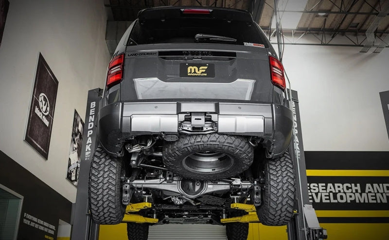 Magnaflow 24+ Toyota Land Cruiser Overland Cat-Back Exhaust System installed on raised vehicle.
