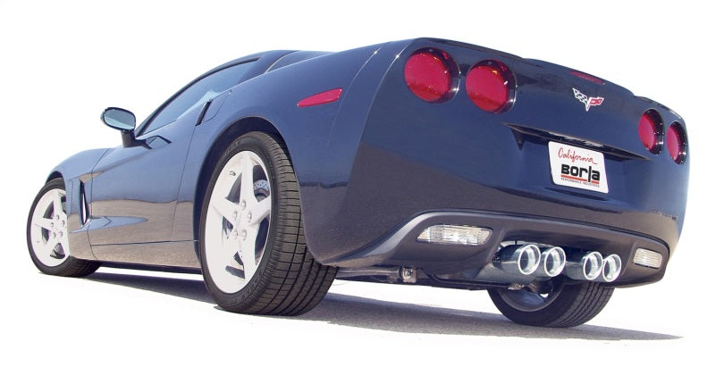 Borla 05-08 Corvette Coupe/Conv 6.0L/6.2L 8cyl 6spd RWD Touring SS Exhaust (rear section only) on a blue Corvette