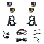 Baja Designs 19+ GMC 1500 S1 Fog Pocket Mount Kit Clear Spot / Amber Wide Cornering with installation parts and wiring.