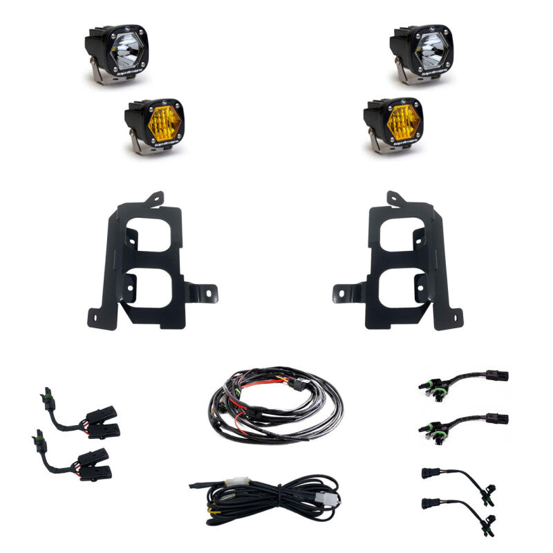 Baja Designs 19+ GMC 1500 S1 Fog Pocket Mount Kit Clear Spot / Amber Wide Cornering with installation parts and wiring.