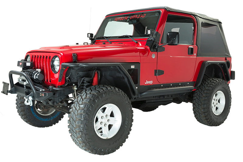 Fishbone Offroad 97-06 Jeep Wrangler TJ Steel Rock Slider - Black Textured Powdercoat on lifted red Jeep with offroad tires
