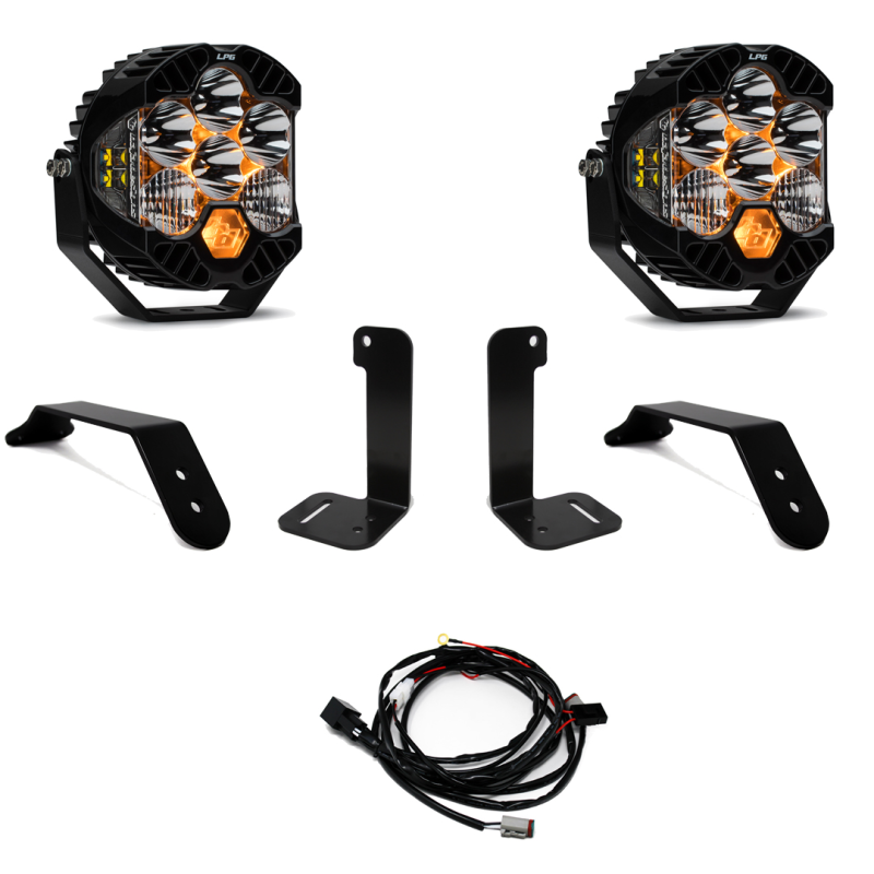 Baja Designs 2018+ Jeep JL/JT Dual LP6 Auxiliary Light Kit components including lights, brackets, and wiring.