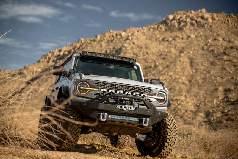 DV8 Offroad 2021 Ford Bronco A Pillar Dual Light Pod Drop Mounts on off-road terrain