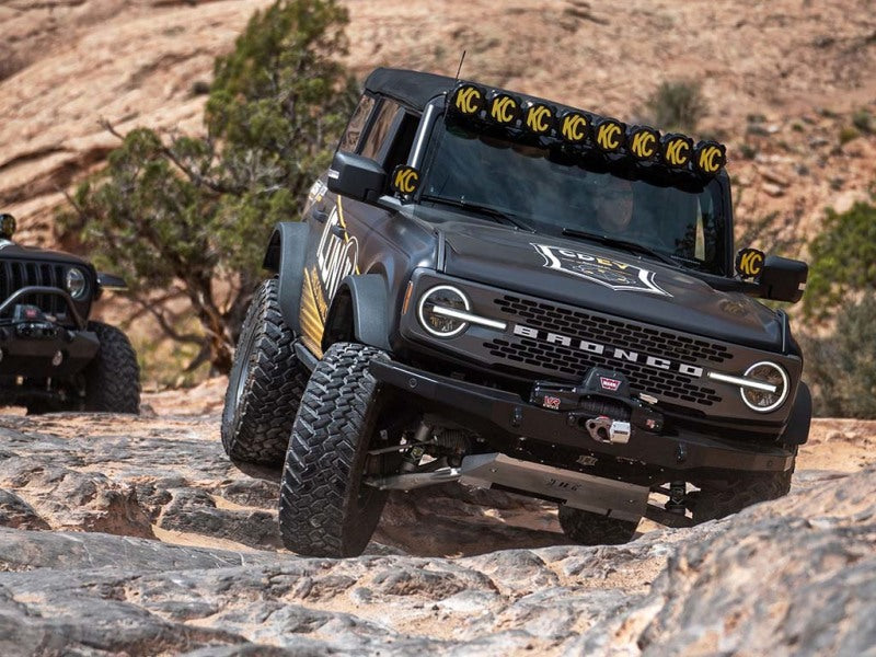 ICON 2021+ Ford Bronco Hoss 2.0 Front EXP Coilover 2.5in off road parts on rocky terrain.