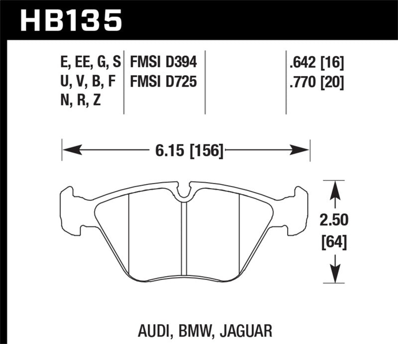 Hawk 95-02 BMW M3 HP+ Street Front Brake Pads dimensions chart