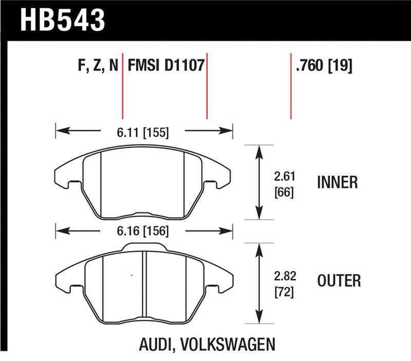 Hawk HP+ Street Brake Pads dimensions for Audi Volkswagen