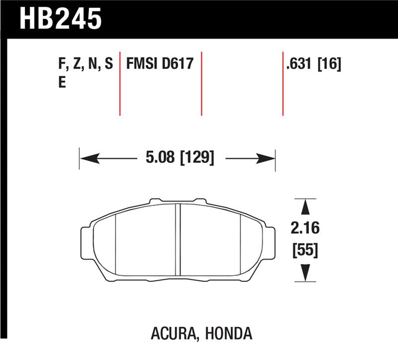 HB245 dimensions for Hawk 94-01 Acura Integra (excl Type R) HP+ Street Front Brake Pads.
