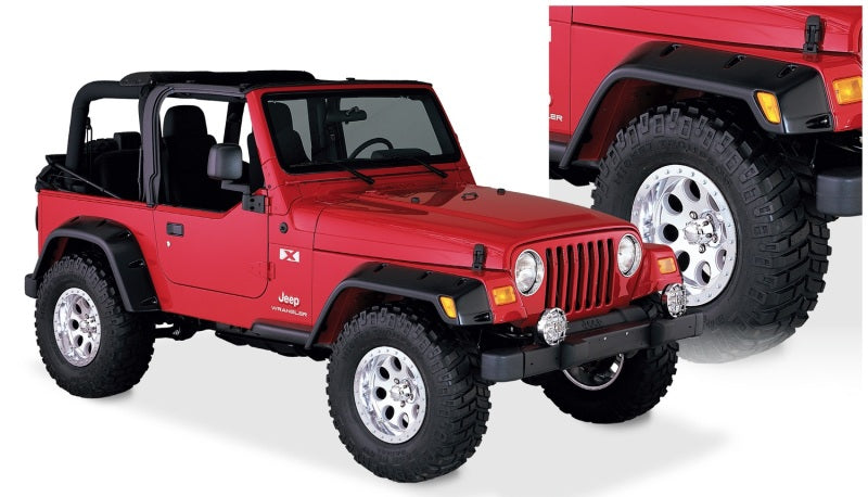 Bushwacker 97-06 Jeep TJ Max Pocket Style Flares 4pc - Black on red Jeep, off road parts and accessories for Jeep Wrangler.