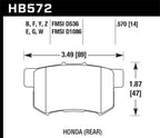 Hawk 07-08 Acura TL Type S / 99-08 Acura TL 3.2L HPS Street Rear Brake Pads dimensions diagram