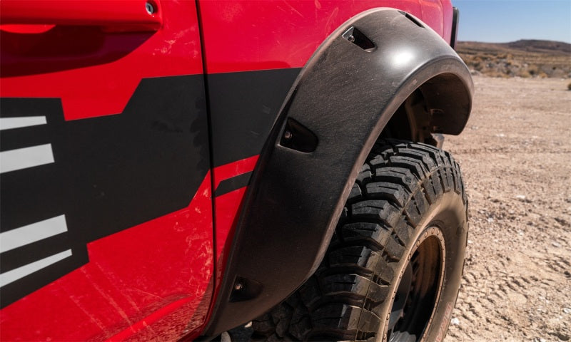 Bushwacker 2021+ Ford Bronco 4-Door Pocket Style Flares 4pc - Black on red truck