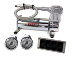 Air Lift 4-Way Manual Control System 100% Duty 1/4in Line 4 Gal. Tank with VIAIR compressor and gauges.