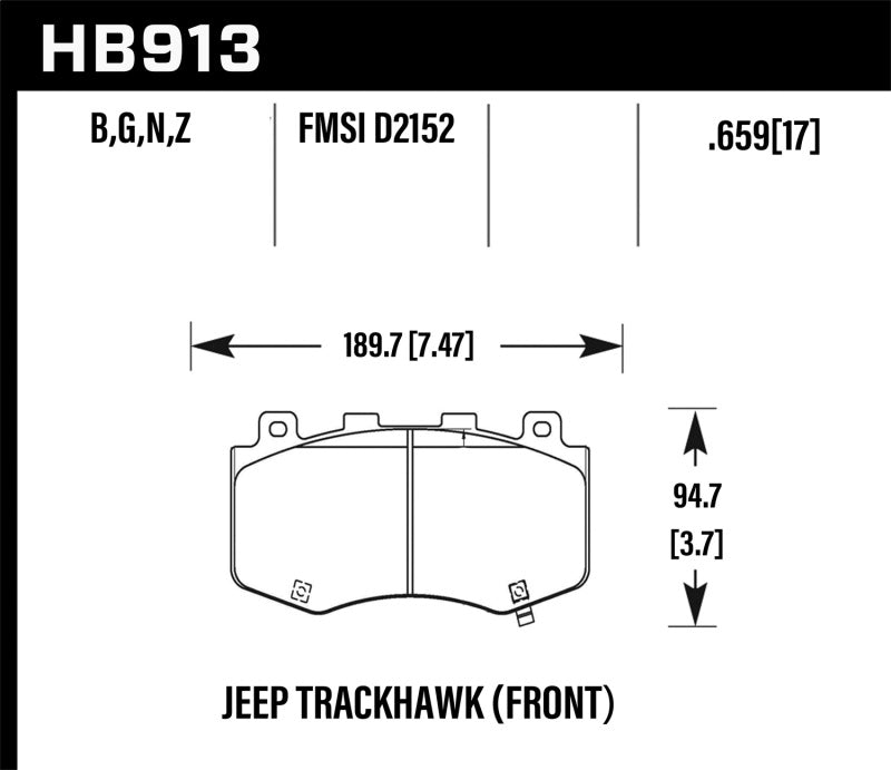 Hawk 18-19 Jeep Grand Cherokee Trackhawk HP+ Front Brake Pads dimensions diagram.