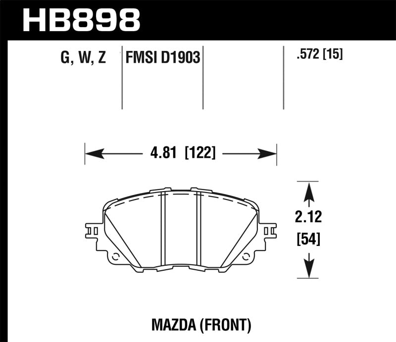 Hawk 17-19 Fiat 124 Spider HPS 5.0 Front Brake Pads dimensions