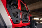 DV8 Offroad 18-22 Jeep Wrangler JL/JT Spec Series Half Doors - Rear Set on red Jeep with detailed view.