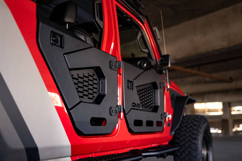DV8 Offroad 18-22 Jeep Wrangler JL/JT Spec Series Half Doors - Rear Set on red Jeep with detailed view.