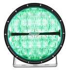 Rigid Industries 360-Series 9in LED Off-Road Drive Beam - RGBW in green light, ideal offroad lighting for performance upgrades.