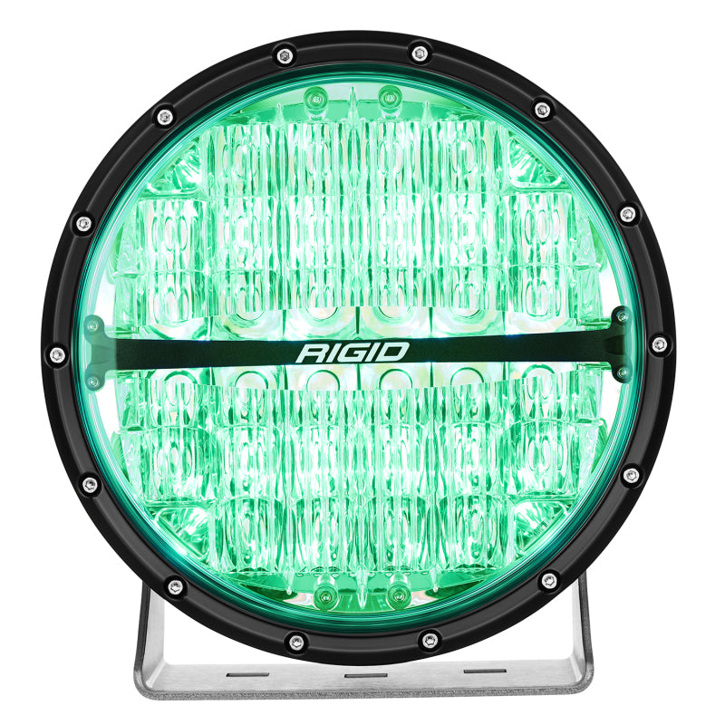 Rigid Industries 360-Series 9in LED Off-Road Drive Beam - RGBW in green light, ideal offroad lighting for performance upgrades.