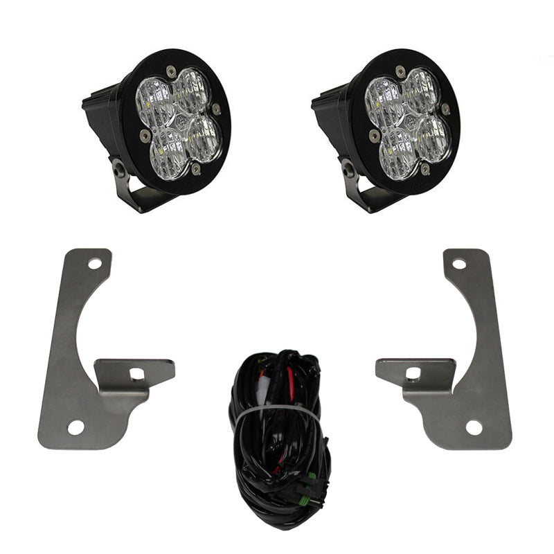 Baja Designs 13-16 Jeep JK Rubicon X/10th Anne/Hard Rock Squadron-R Sport LED Light Kit components with wiring and brackets.