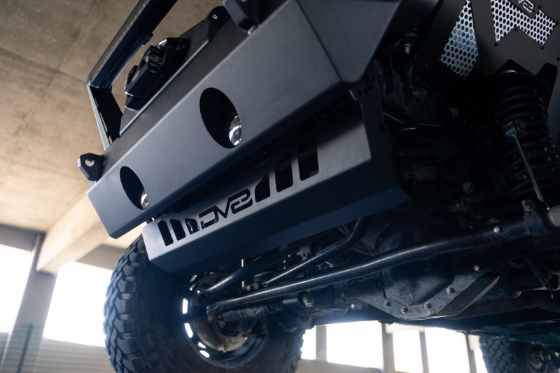 DV8 Offroad 18-23 Jeep Wrangler JL/JT Front Bumper Sway-Bar Disconnect Motor Skid Plate protection view undercarriage
