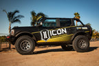 ICON 2021+ Ford Bronco Billet Upper Control Arm Delta Joint Kit on off-road vehicle with rugged tires and suspension.