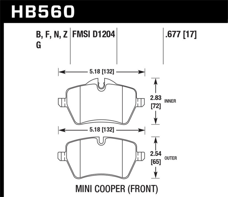 Hawk 06-15 Mini Cooper DTC-60 Race Front Brake Pads dimensions
