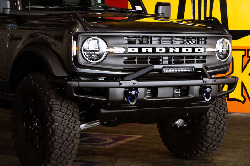 DV8 Offroad 21-22 Ford Bronco Factory Modular Front Bumper Bull Bar on black Bronco