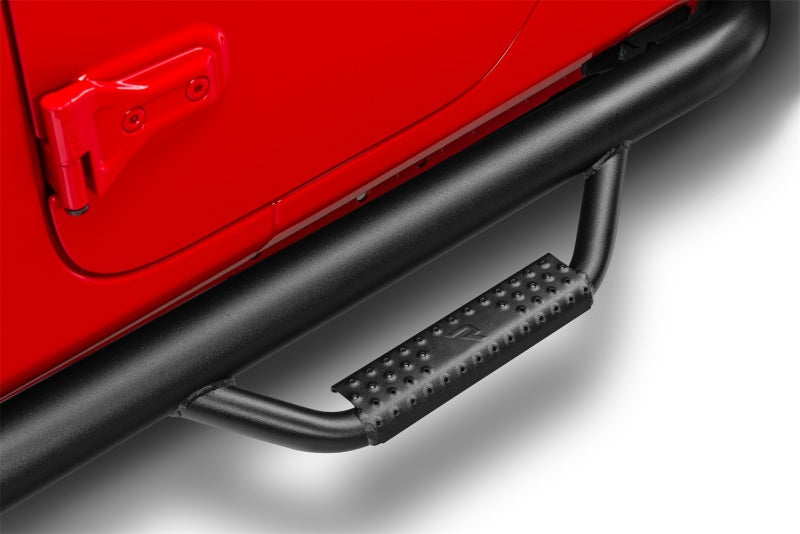 N-Fab Nerf Step 2019 Jeep Wrangler JT 4DR Truck Full Length - Tex. Black - 3in. step bar close-up for offroad performance upgrades