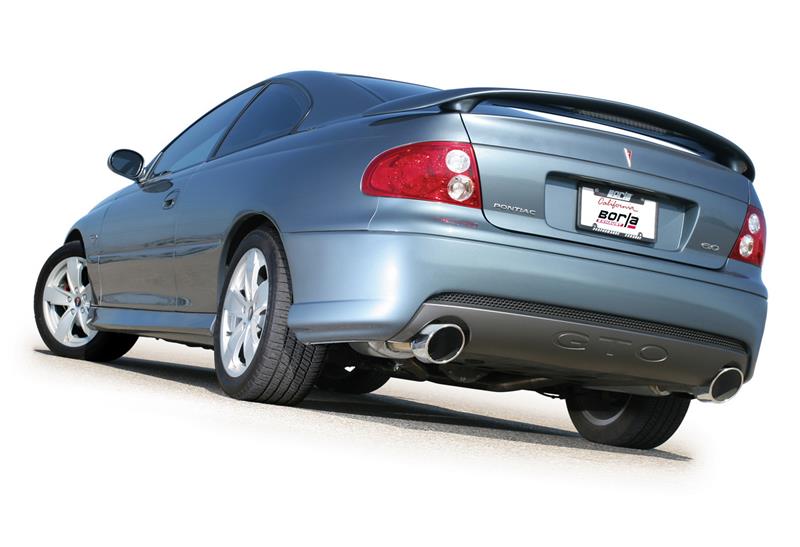 Borla 05-06 Pontiac GTO Coupe 2dr 6.0L 8cyl AT/MT 4spd/6spd RWD SS Catback Exhaust w/ inXin Pipe view from rear.