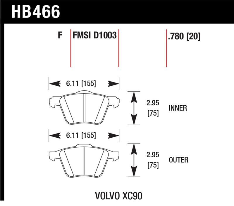 Hawk LTS Street Brake Pads specifications for Volvo XC90