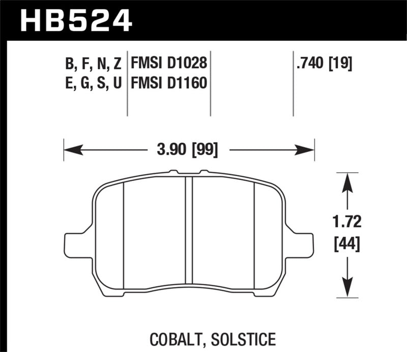 Hawk 05-07 Cobalt SS / 08-09 HHR / 04+ Malibu / 07A+ G5 GT / 06+ G6 / HPS Street Front Brake Pads dimensions diagram.
