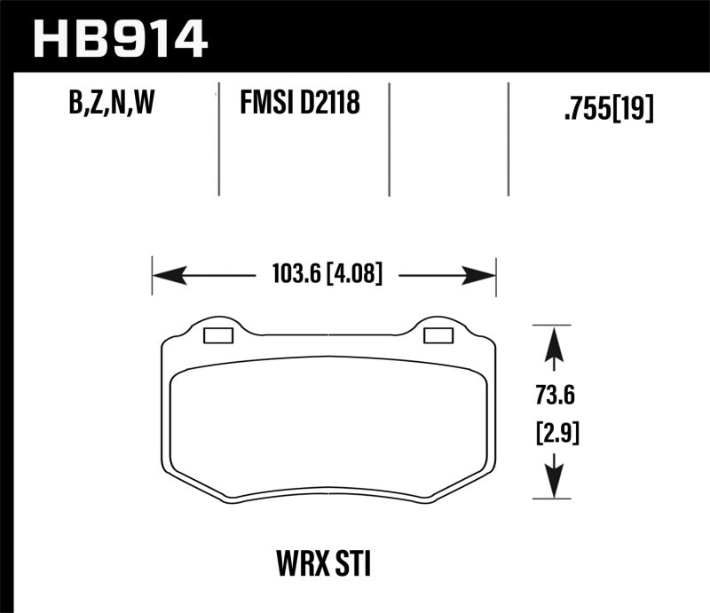 Hawk 2018 Subaru WRX STI DTC-30 Rear Brake Pads dimensions diagram