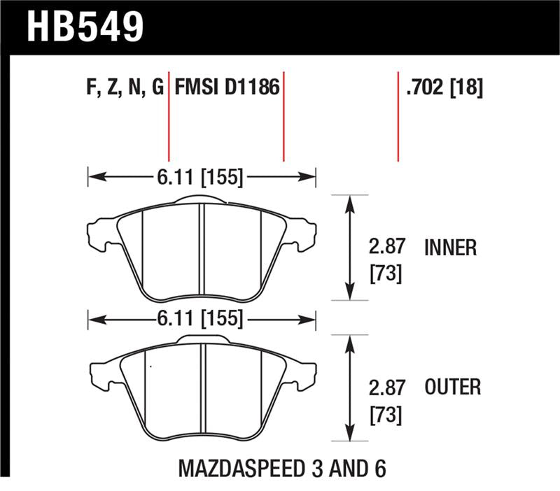 Hawk 07-08 Mazdaspeed3/06-07 Mazdaspeed6 HP+ Street Front Brake Pads dimensions diagram