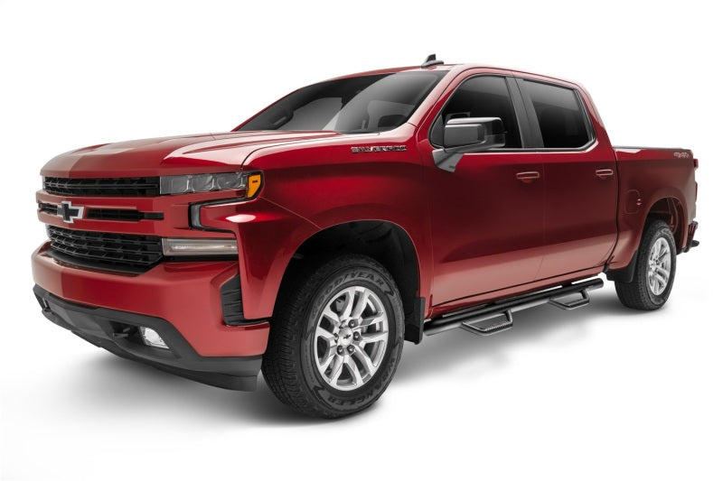 N-Fab Nerf Step 2019 Chevy/GMC 1500 Crew Cab - Cab Length - Tex. Black - 3in. on red truck for offroad performance upgrades.
