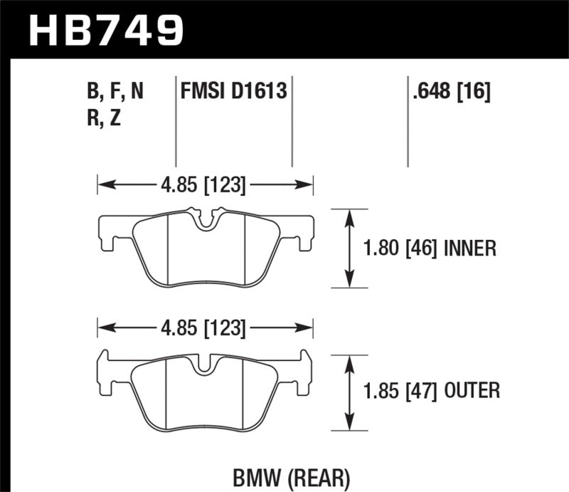 HB749 brake pad dimensions for Hawk 13-14 BMW 328i/328i xDrive