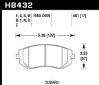 HB432 dimensions for Hawk 03-05 WRX / 08 WRX / 09 Legacy 2.5i NA ONLY D929 HPS Street Front Brake Pads.